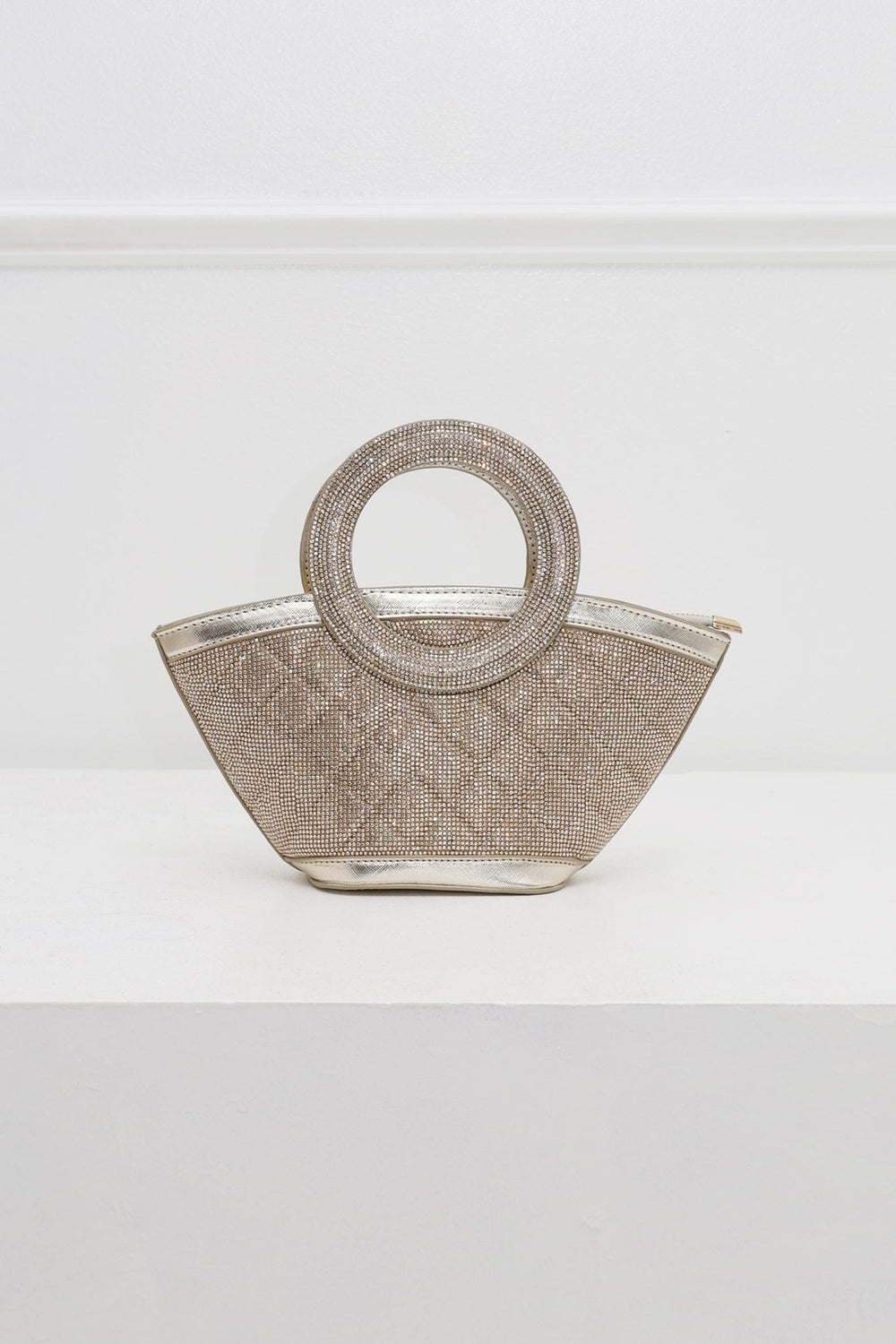 EDGE — gold rhinestone-embellished top-handle bag, front view flat lay
