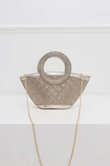 EDGE — gold rhinestone-embellished top-handle bag with detachable chain strap, flat lay