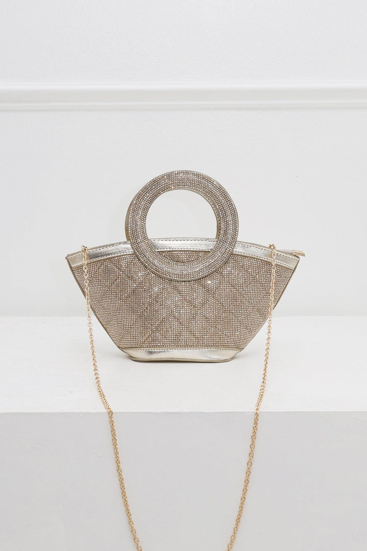 EDGE — gold rhinestone-embellished top-handle bag with detachable chain strap, flat lay