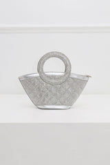 EDGE — silver rhinestone-embellished top-handle bag, front view flat lay