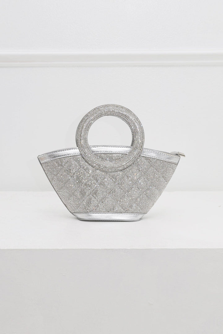 EDGE — silver rhinestone-embellished top-handle bag, front view flat lay
