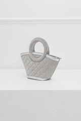 EDGE — silver rhinestone-embellished top-handle bag, angled view flat lay