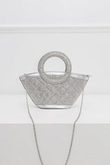EDGE — silver rhinestone-embellished top-handle bag with detachable chain strap, flat lay