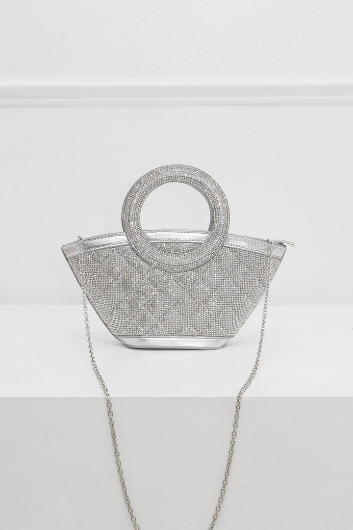 EDGE — silver rhinestone-embellished top-handle bag with detachable chain strap, flat lay