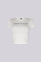 Cropped crew neckline graphic tee with "not flirting just hot and talking"