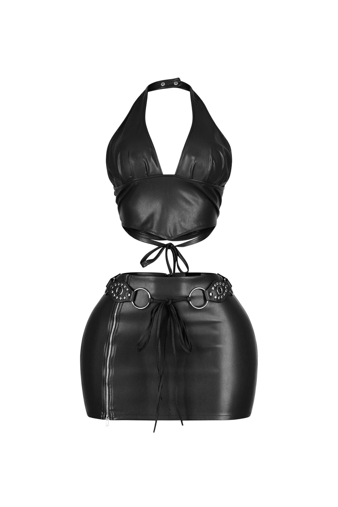 Stretched faux leather halter top featuring an open back with lace up closure
Matching high waisted faux leather mini skirt with side zipper