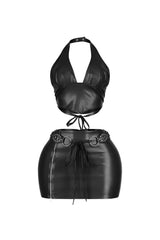Stretched faux leather halter top featuring an open back with lace up closure
Matching high waisted faux leather mini skirt with side zipper