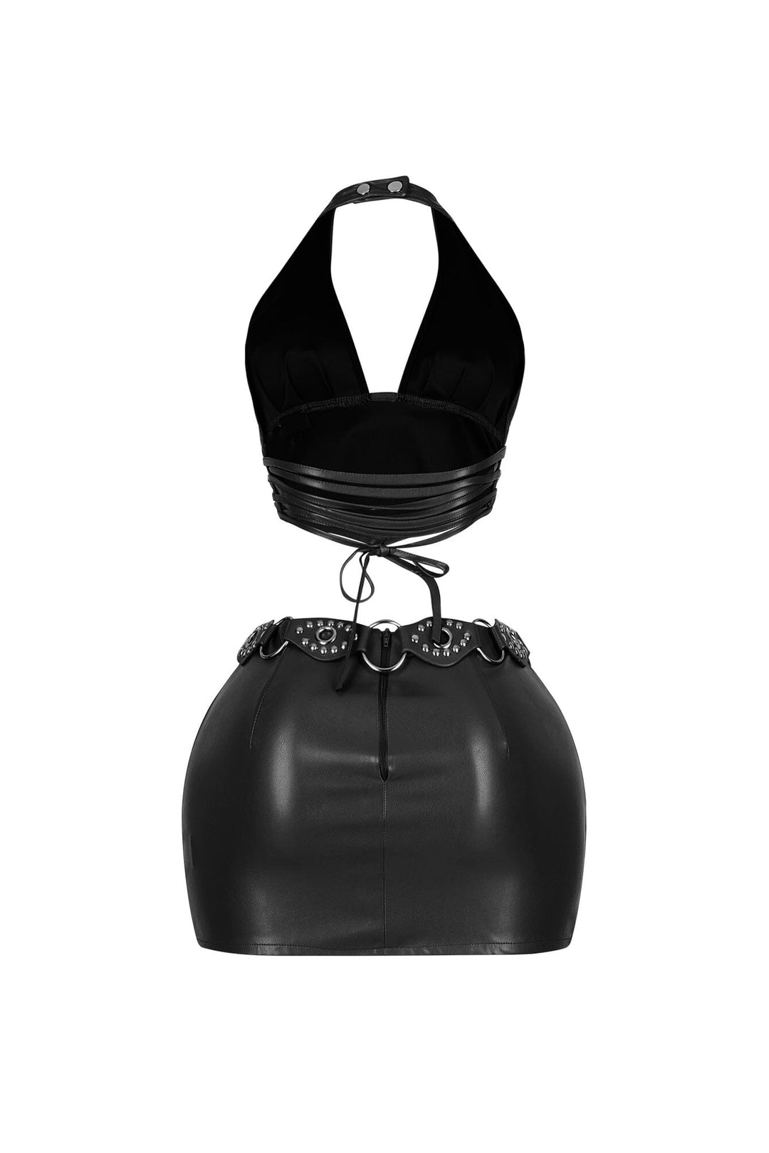 Stretched faux leather halter top featuring an open back with lace up closure
Matching high waisted faux leather mini skirt with side zipper