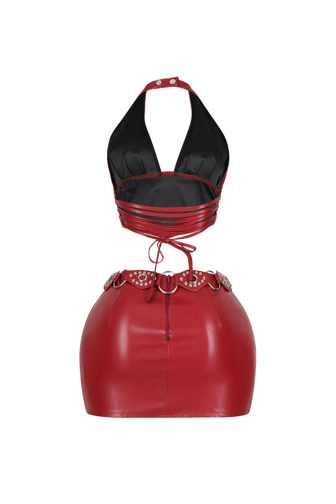 Stretched faux leather halter top featuring an open back with lace up closure
Matching high waisted faux leather mini skirt with side zipper