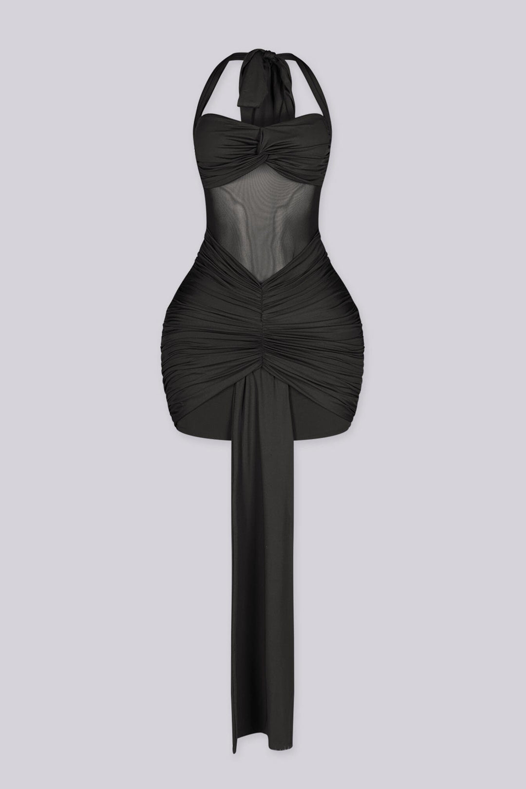 Fitted halter neck mini dress featuring mesh cutout across the midriff
Heavy center front ruching with extended sash tail detail