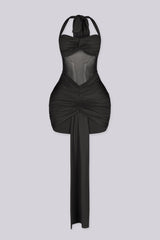 Fitted halter neck mini dress featuring mesh cutout across the midriff
Heavy center front ruching with extended sash tail detail