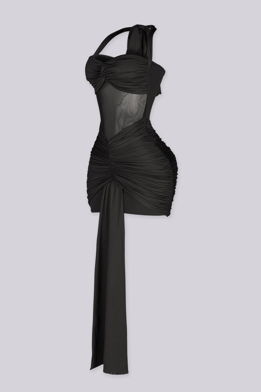 Fitted halter neck mini dress featuring mesh cutout across the midriff
Heavy center front ruching with extended sash tail detail