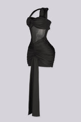 Fitted halter neck mini dress featuring mesh cutout across the midriff
Heavy center front ruching with extended sash tail detail