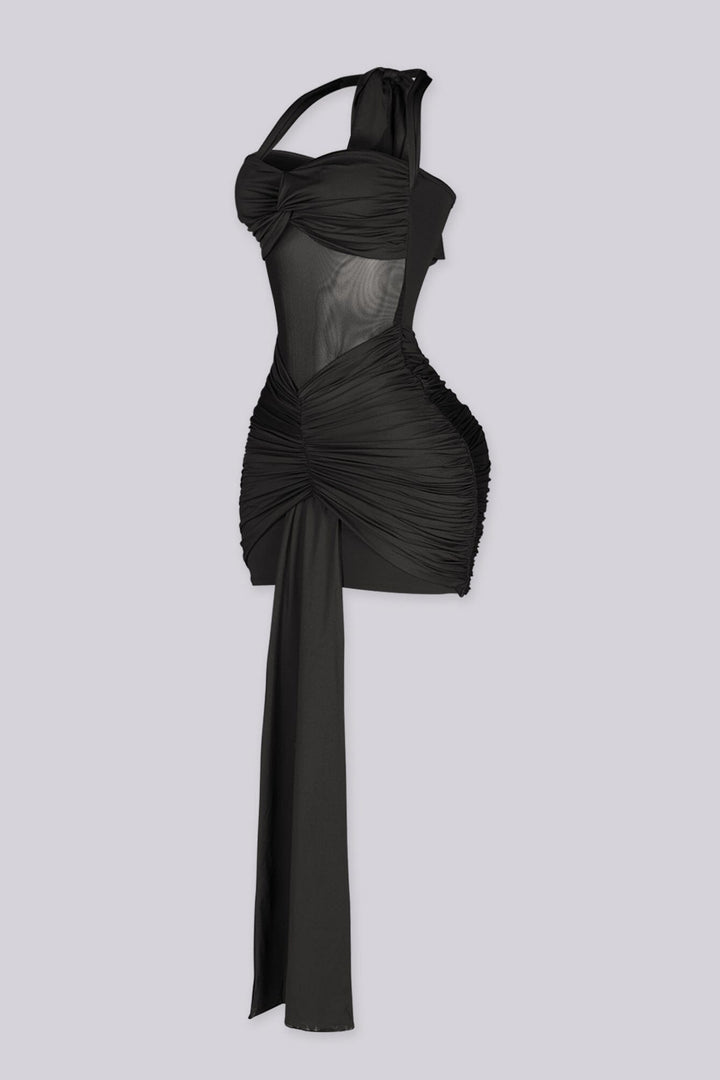Fitted halter neck mini dress featuring mesh cutout across the midriff
Heavy center front ruching with extended sash tail detail