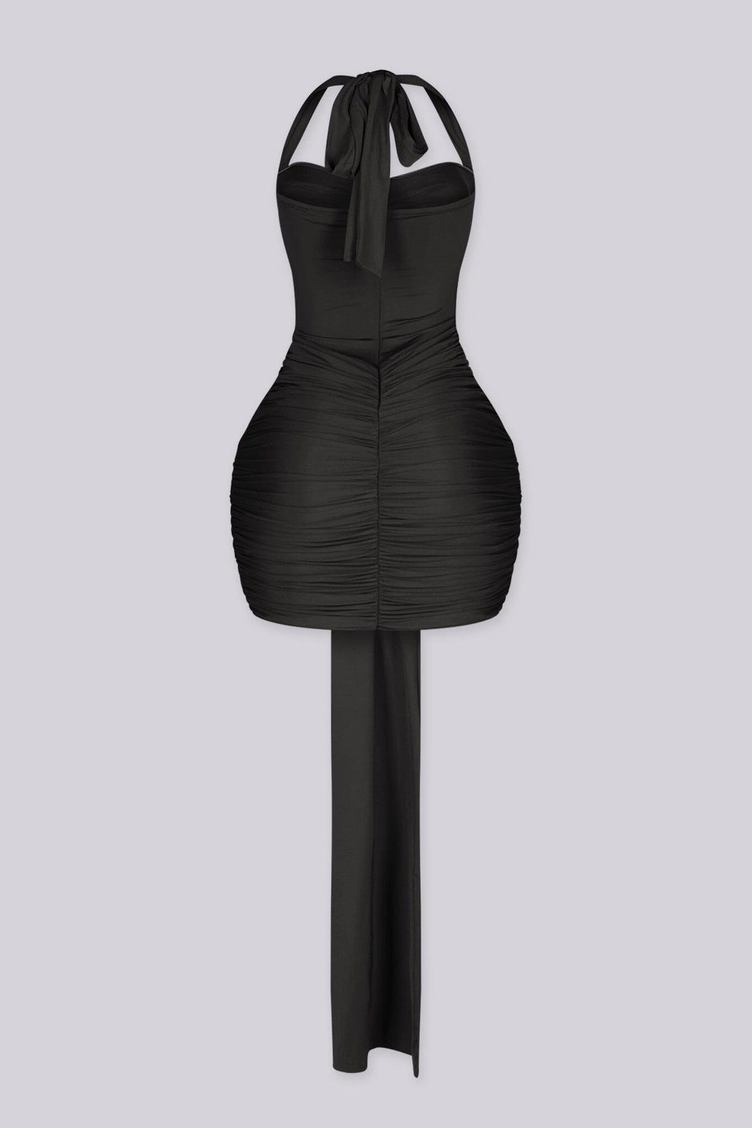Fitted halter neck mini dress featuring mesh cutout across the midriff
Heavy center front ruching with extended sash tail detail