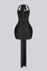 Fitted halter neck mini dress featuring mesh cutout across the midriff
Heavy center front ruching with extended sash tail detail