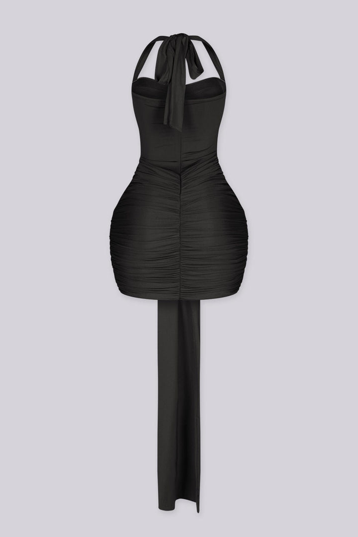 Fitted halter neck mini dress featuring mesh cutout across the midriff
Heavy center front ruching with extended sash tail detail