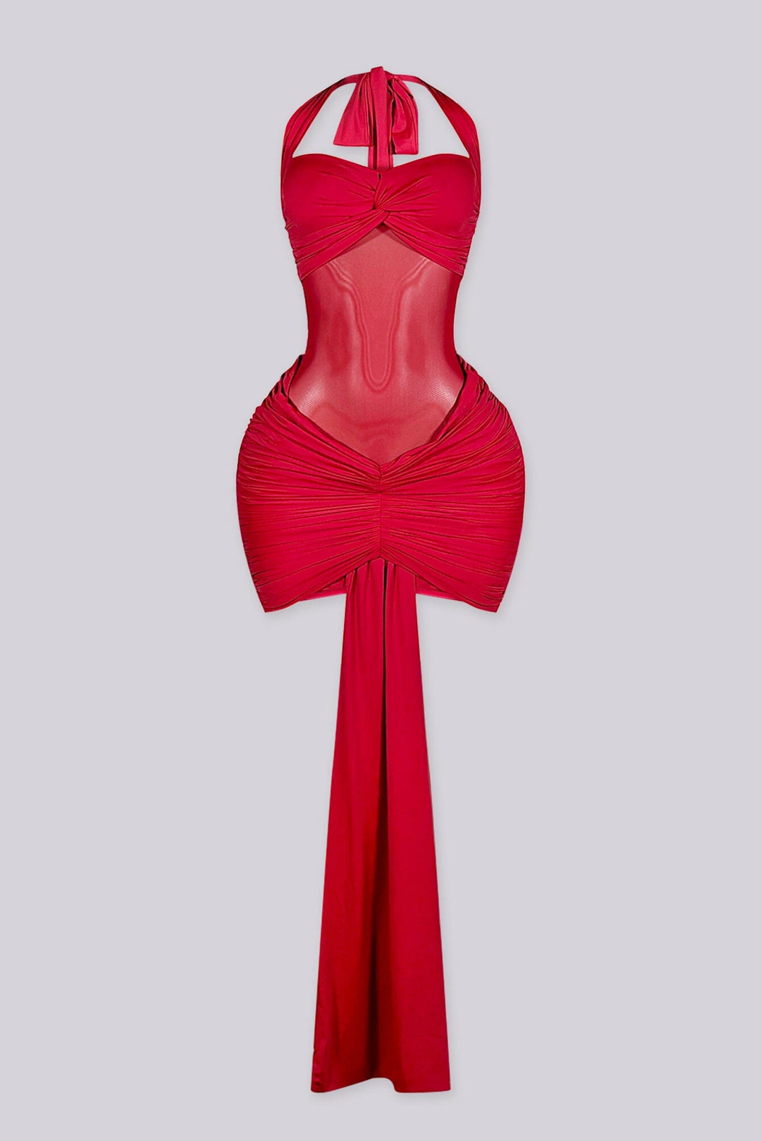 Fitted halter neck mini dress featuring mesh cutout across the midriff
Heavy center front ruching with extended sash tail detail