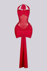 Fitted halter neck mini dress featuring mesh cutout across the midriff
Heavy center front ruching with extended sash tail detail