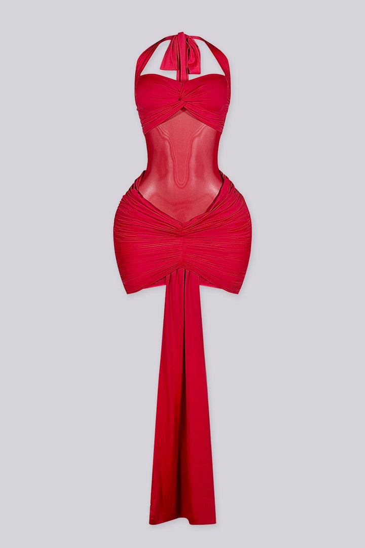 Fitted halter neck mini dress featuring mesh cutout across the midriff
Heavy center front ruching with extended sash tail detail
