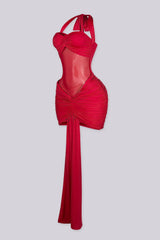 Fitted halter neck mini dress featuring mesh cutout across the midriff
Heavy center front ruching with extended sash tail detail