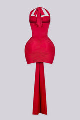 Fitted halter neck mini dress featuring mesh cutout across the midriff
Heavy center front ruching with extended sash tail detail