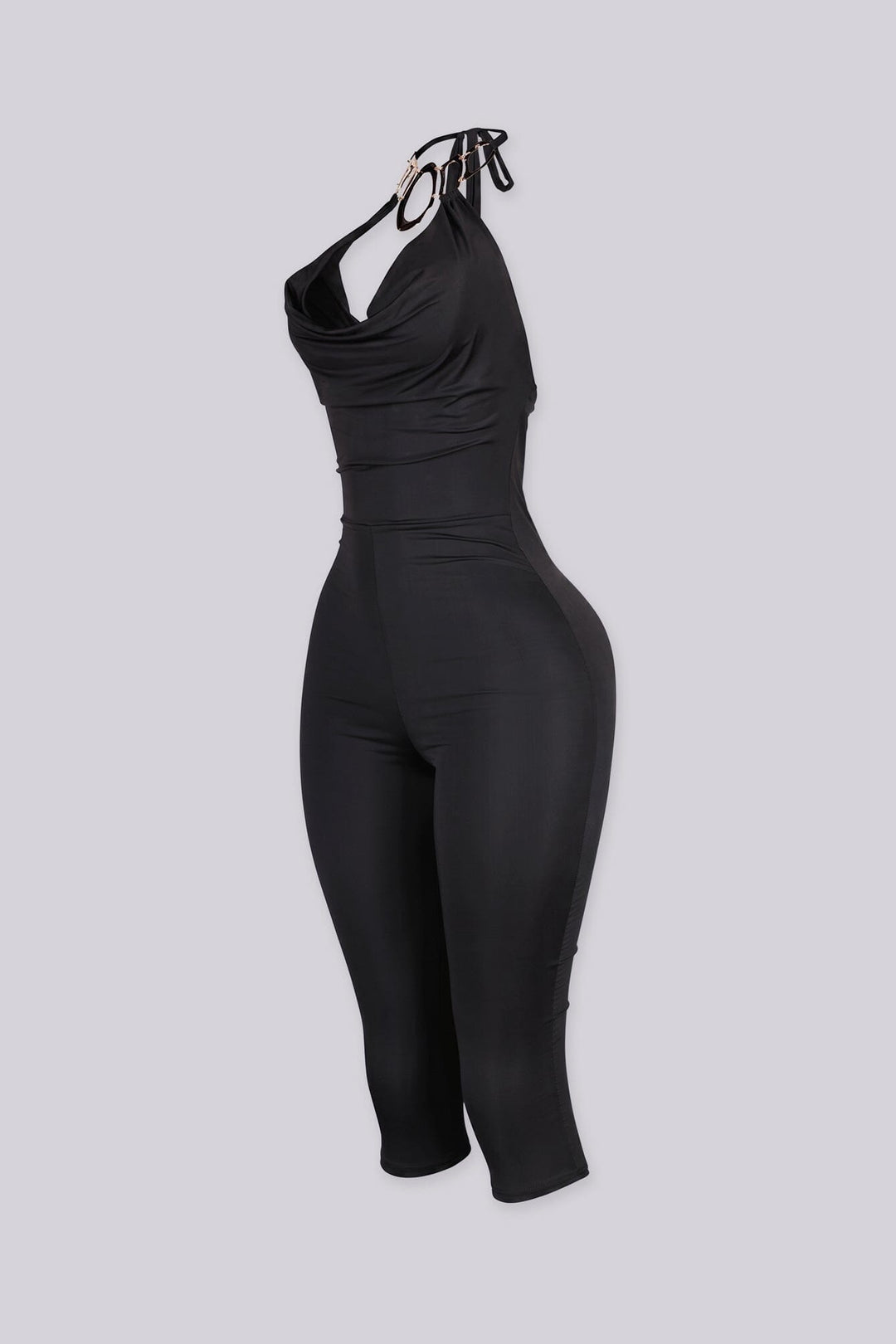 EDGEBYKS - Cowl neckline halter jumpsuit with a plunging cutout front, black side view