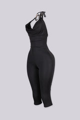 EDGEBYKS - Cowl neckline halter jumpsuit with a plunging cutout front, black side view