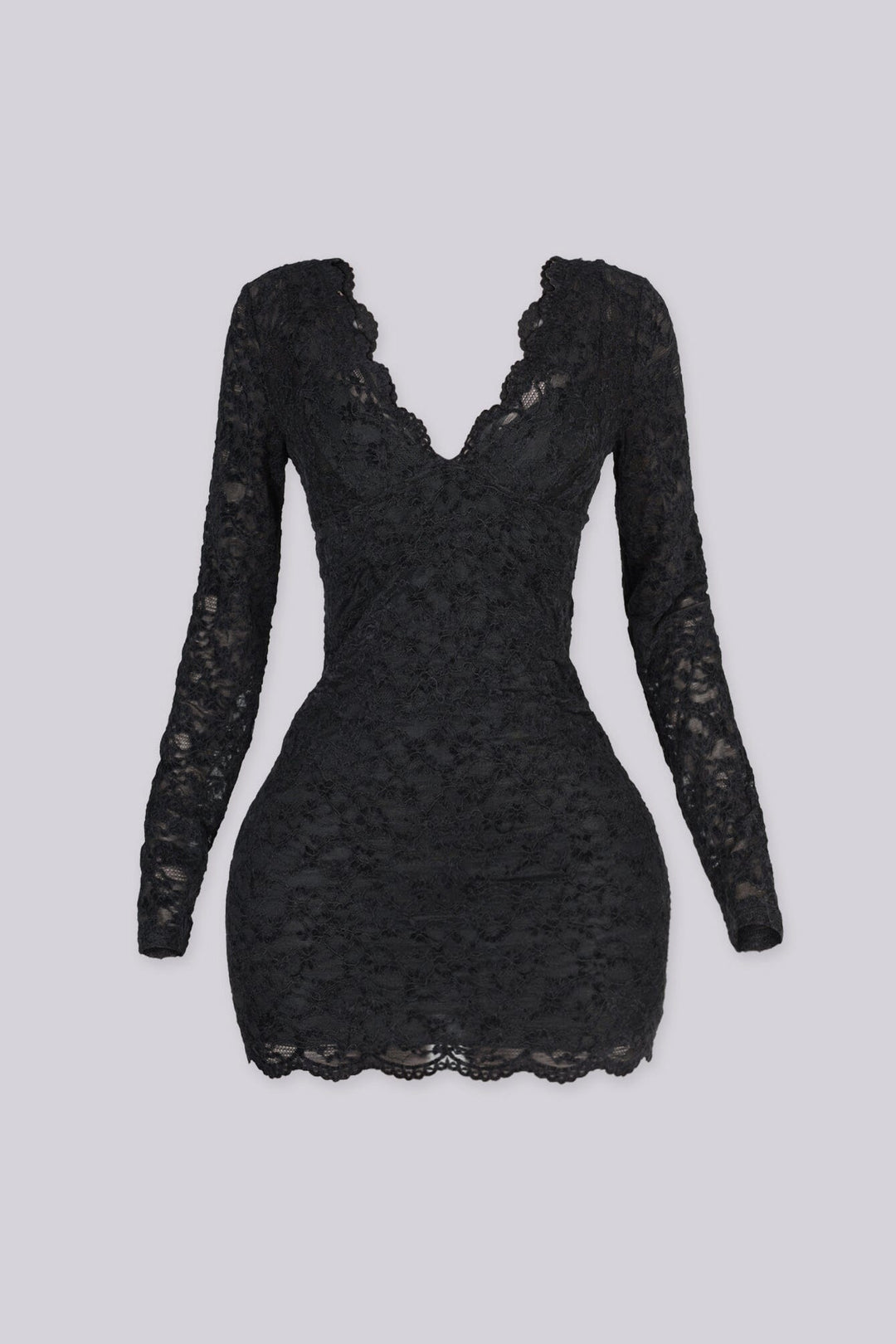 Long sleeve fitted mini dress with plunging V neckline and empire seam bust