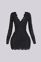 Long sleeve fitted mini dress with plunging V neckline and empire seam bust