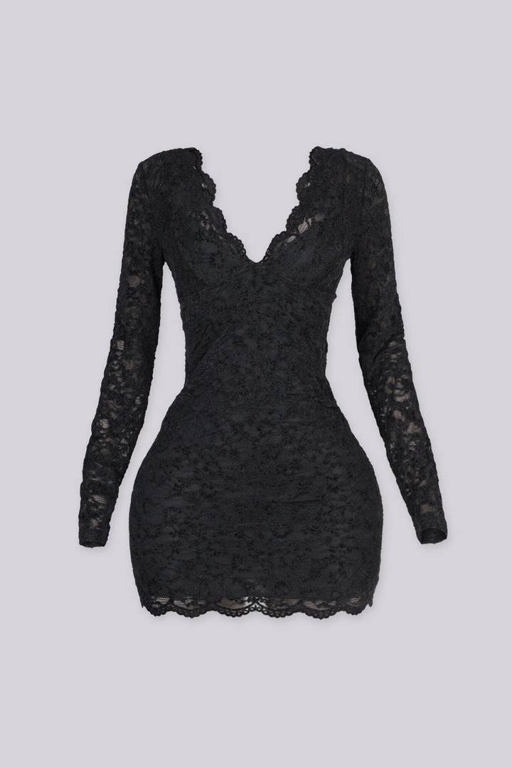 Long sleeve fitted mini dress with plunging V neckline and empire seam bust