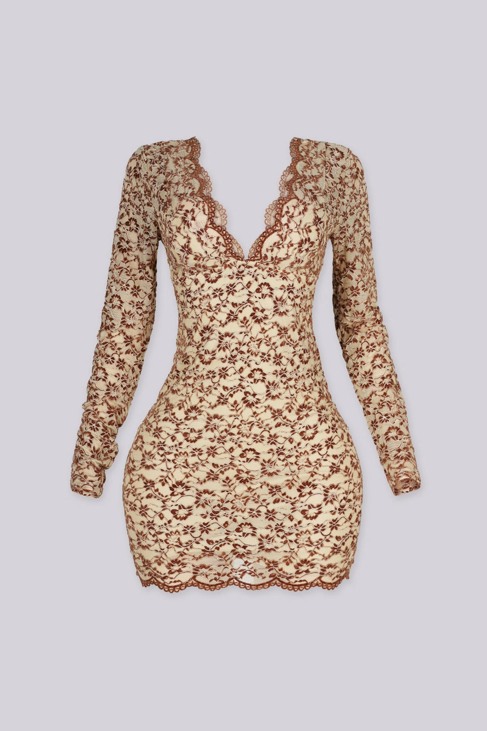 Long sleeve fitted mini dress with plunging V neckline and empire seam bust