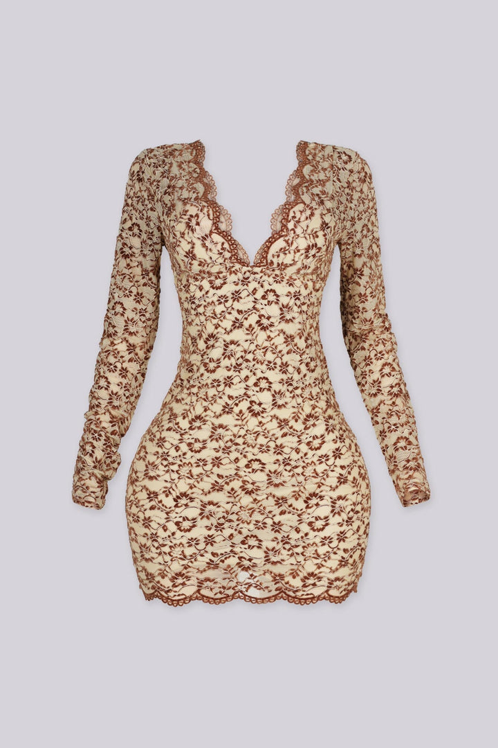 Long sleeve fitted mini dress with plunging V neckline and empire seam bust