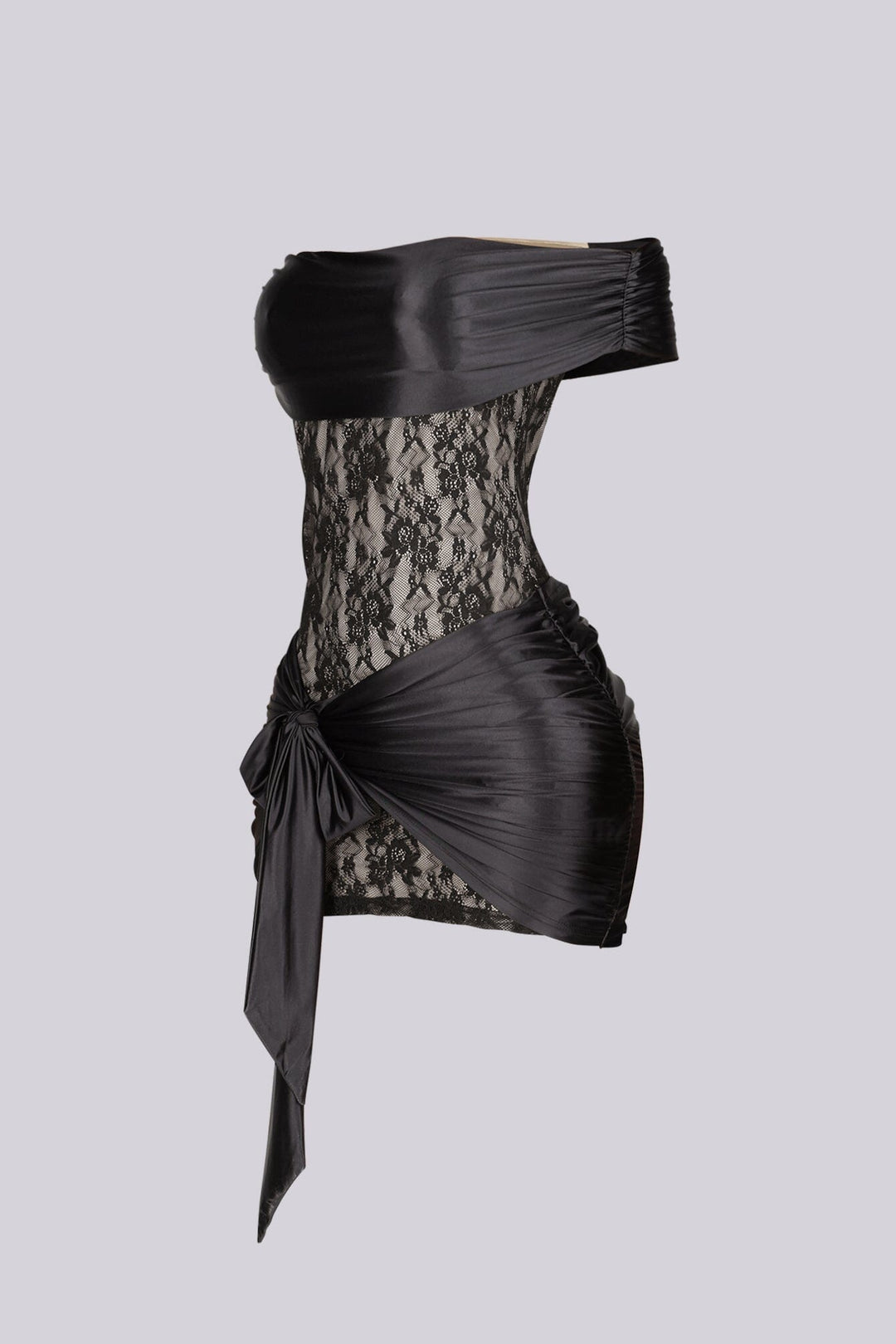 Off shoulder satin lace mini dress featuring a striking textural contrast with draped tie straps