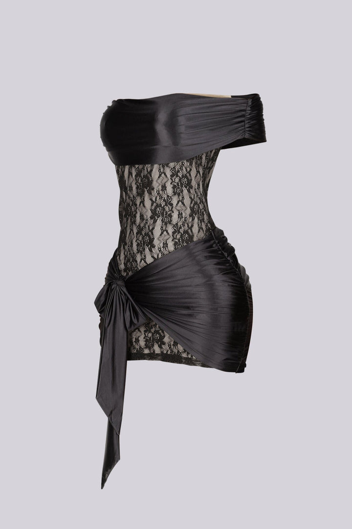 Off shoulder satin lace mini dress featuring a striking textural contrast with draped tie straps