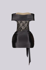 Off shoulder satin lace mini dress featuring a striking textural contrast with draped tie straps