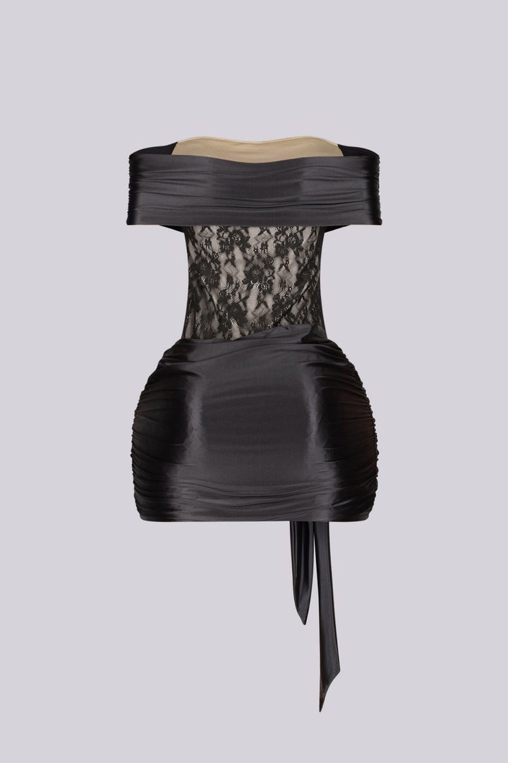 Off shoulder satin lace mini dress featuring a striking textural contrast with draped tie straps