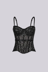 Corset structure bustier top with built-in cups
Sheer mesh lace fabric and shaped hemline, removable straps
