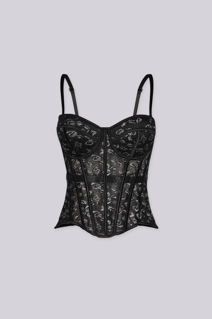 Corset structure bustier top with built-in cups
Sheer mesh lace fabric and shaped hemline, removable straps