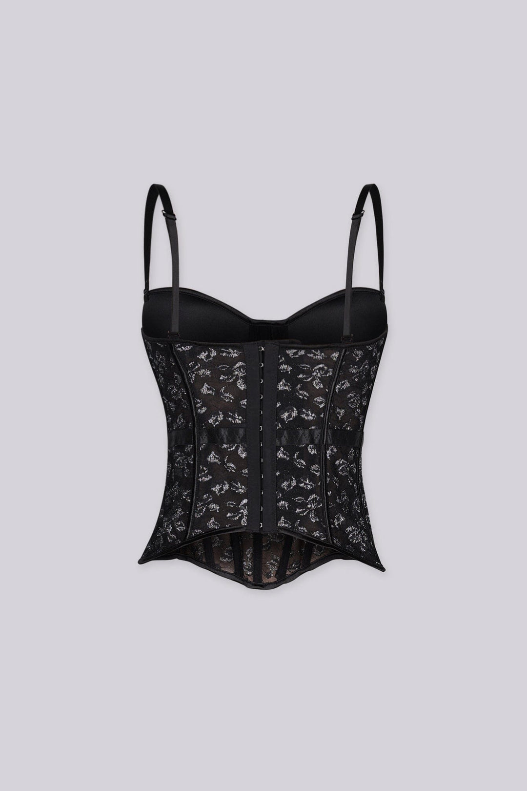 Corset structure bustier top with built-in cups
Sheer mesh lace fabric and shaped hemline, removable straps