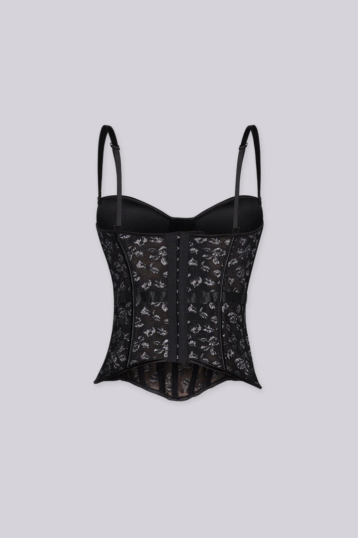 Corset structure bustier top with built-in cups
Sheer mesh lace fabric and shaped hemline, removable straps