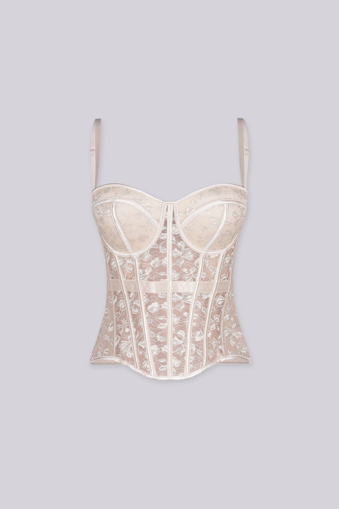 Corset structure bustier top with built-in cups
Sheer mesh lace fabric and shaped hemline, removable straps
