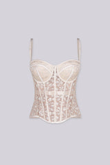Corset structure bustier top with built-in cups
Sheer mesh lace fabric and shaped hemline, removable straps