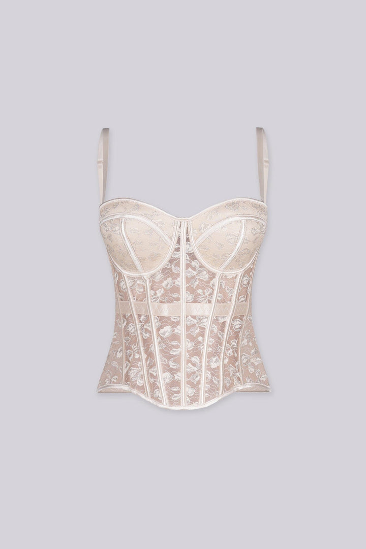 Corset structure bustier top with built-in cups
Sheer mesh lace fabric and shaped hemline, removable straps