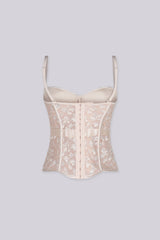 Corset structure bustier top with built-in cups
Sheer mesh lace fabric and shaped hemline, removable straps