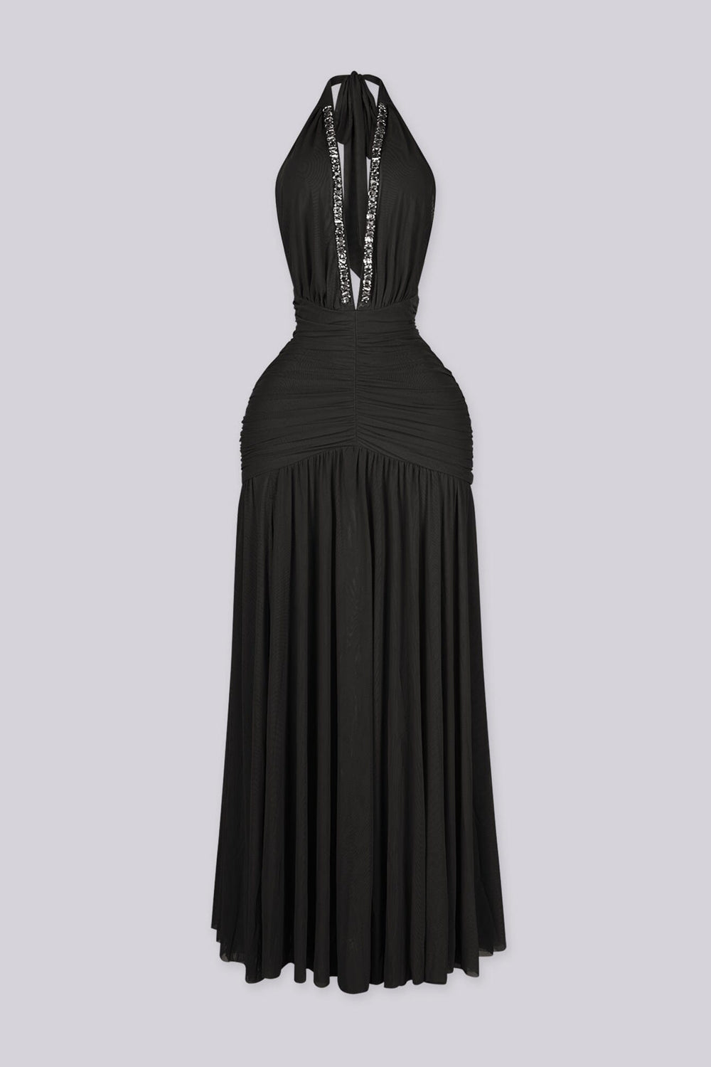 Sleeveless fitted maxi dress with halter neckline and plunging V featuring rhinestone trim detail