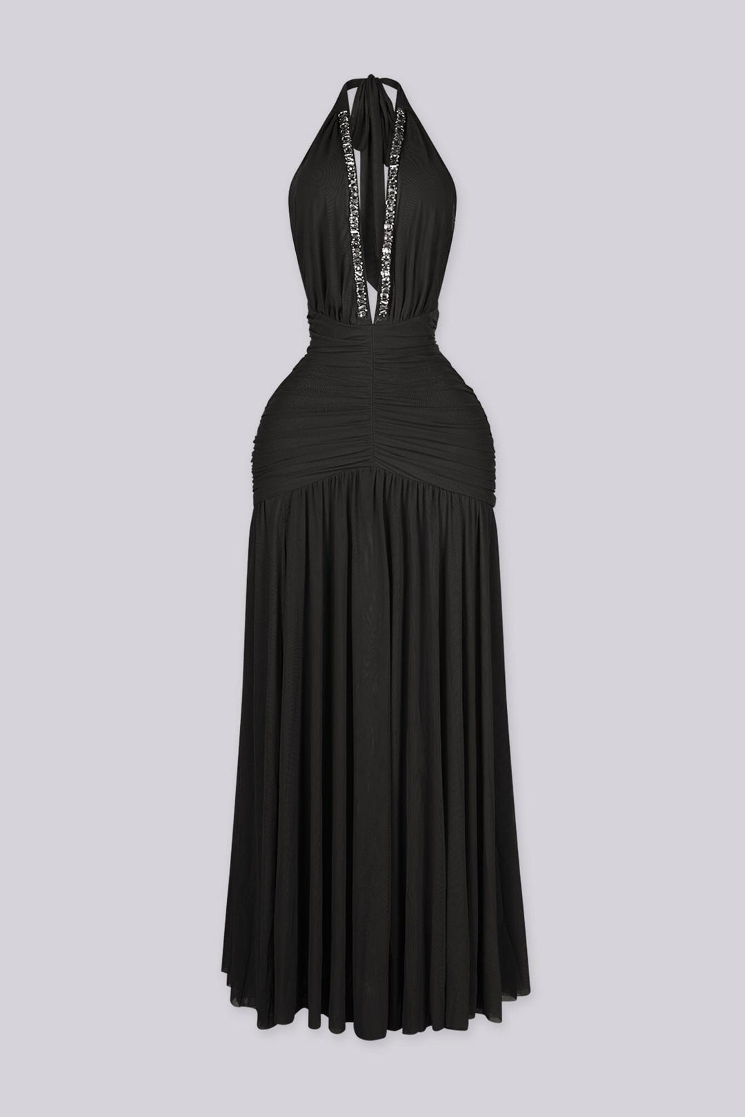 Sleeveless fitted maxi dress with halter neckline and plunging V featuring rhinestone trim detail