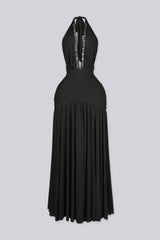 Sleeveless fitted maxi dress with halter neckline and plunging V featuring rhinestone trim detail