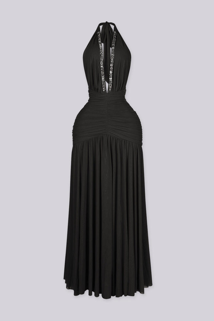 Sleeveless fitted maxi dress with halter neckline and plunging V featuring rhinestone trim detail