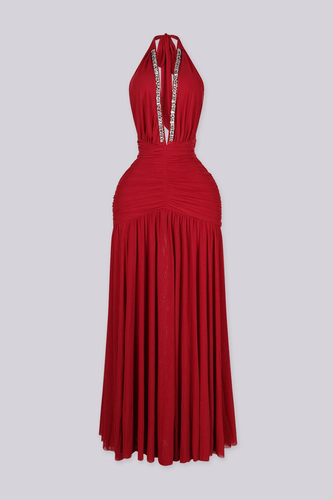 Sleeveless fitted maxi dress with halter neckline and plunging V featuring rhinestone trim detail